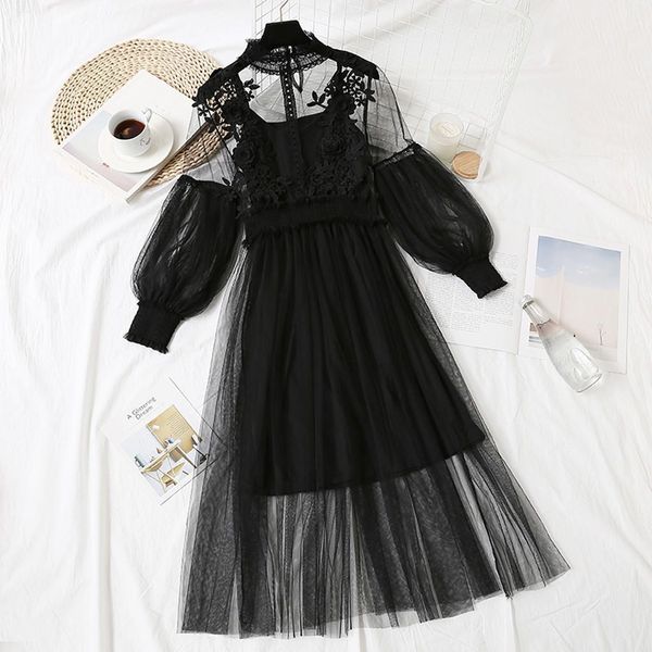 

women dress robe femme roupa full feminina fashion flower embroidered dresses lantern sleeve button two piece, Black;gray