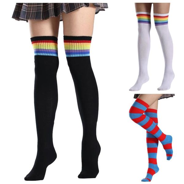 Sportsocken Sexy Medias Weiß gestreift Lange Frauen über Knie Oberschenkel hoch Die Strümpfe Damen Mädchen warm