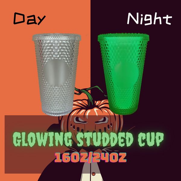 Glow in Dark Studded Cold Cup Bicchieri 24oz 710ml Bicchiere da caffè in plastica opaca a doppia parete con cannuccia LOGO personalizzato Accpet WLL1095