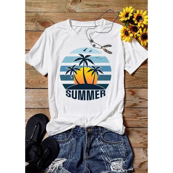 

coconut print women is fashion word 3d printing short slim t-shirt summer casual round neck short short sleeve t-shirt, White