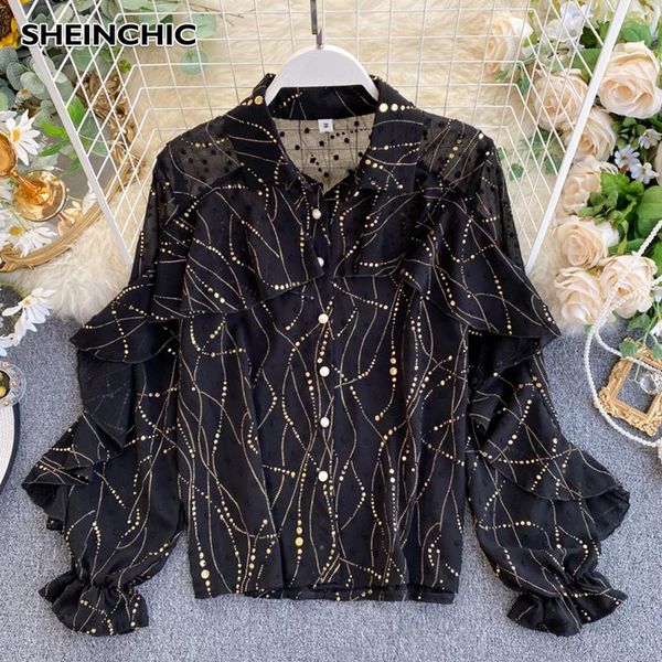 

korean 2021 women blouse runway designer ruffle long sleeve streetwear irregular polka dot shirts blusas for female women's blouses &, White
