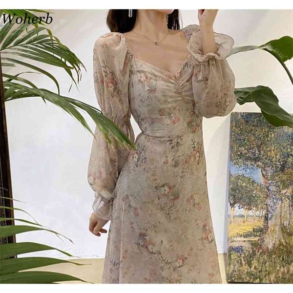 

korean sweet romantic floral print dresses chiffon puff sleeve v-neck chic vestidos vintage elegant pleated dress 25535 210519, Black;gray
