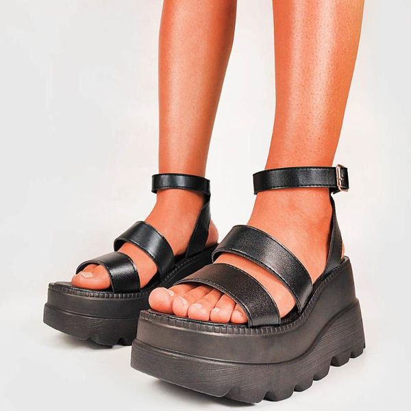 

sandals sandalias gruesas con plataforma para mujer, zapatos de verano y correa hebilla, cuÃ±as gÃ³ticas punk, color neg, Black