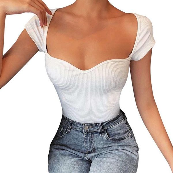 

knitted low cut t-shirts urban street casual elegant women wild simple stretch slim tees women's t-shirt, White