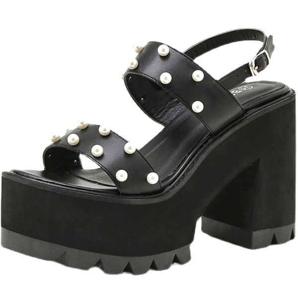 

sandals ins female solid buckle square heel platform shoes women casual leisure punk gothic sandals, Black