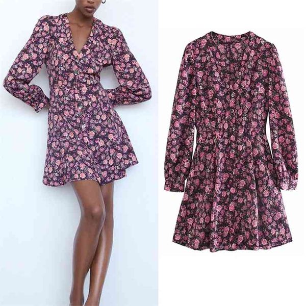 Cópia floral rosa mini vestido mulheres v-pescoço de manga comprida mulher curta moda flared hem button-up laddies es 210519