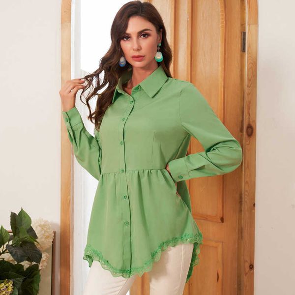 

women's blouses & shirts summer fresh green ladies fashion sweet pure color lace decoration folds a-line blouse all-match long-sle, White