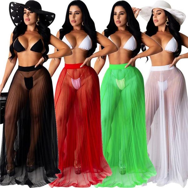 

three piece see through swimwear women split swimsuit set solid color deep v-neck bikini panties high waist mesh skirt summer women's, White;black