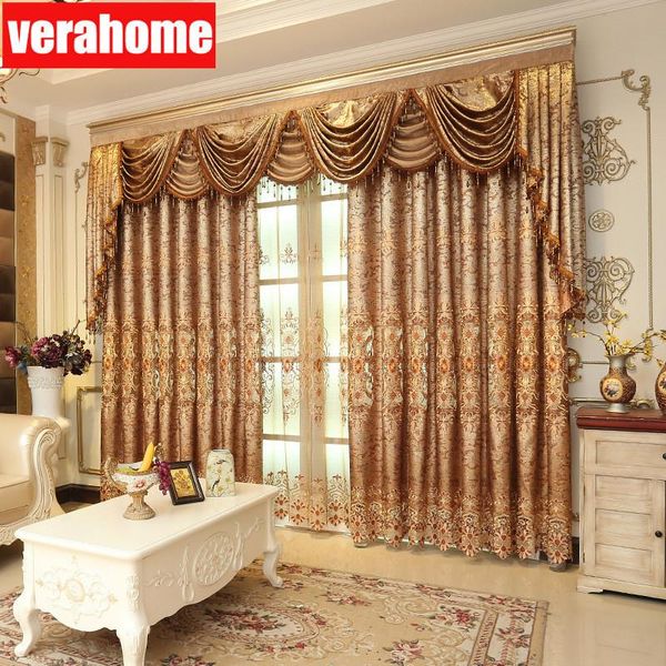 

1set european luxury brown curtains voile embroidery sheer tulle for living room bedroom windows valance curtain & drapes