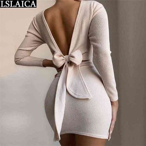 Sexy Dress Mulheres Aberto Back Knotted Manga Longa Elegante Slim Dress Night Party Club Cor Sólida Bodycon Feminino 210515