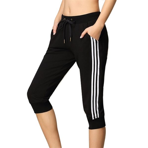 

jogger sweatpants 3/4 summer s pants side striped elastic high waist sport casual calf length trousers plus size y2k 210721, Black;white