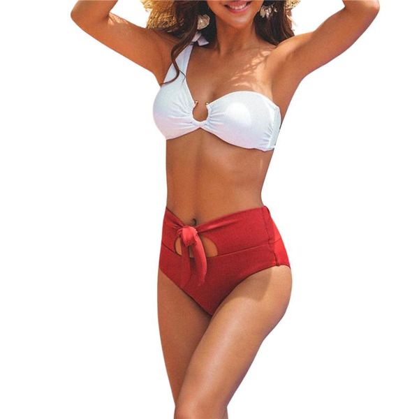 

women bikini no-pad swimsuit hollow ring one shoulder beach pool party high waist shorts 2pcs wear women's swimwear, White;black