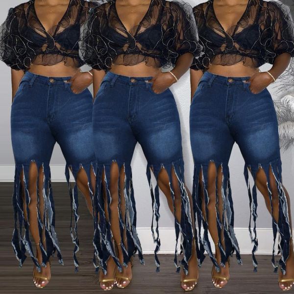 

women's jeans dark blue fashion casual solid tassel high waist regular