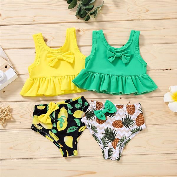 

baby girls split swimsuit bow-knot ruffle hem fruit print panties swimwear sunflower beach clothing one-pieces, Black