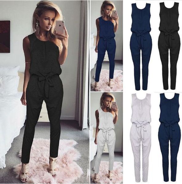 

women's jumpsuits & rompers sleeveless lace-up plus size jumpsuit long solid playsuit women casual female overalls for womn, Black;white