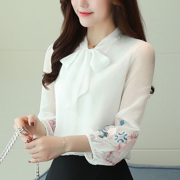 

shirts spring korea fashion white blouse embroidered chiffon sweet shirt bowknot blouses plus size female d370