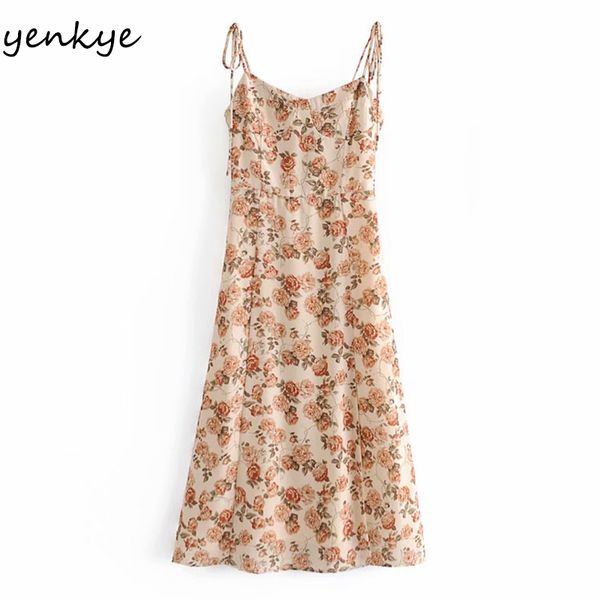 

vintage prairie chic floral print chiffon dress women sleeveless slits vestido mujer a-line midi sling summer 210430, Black;gray