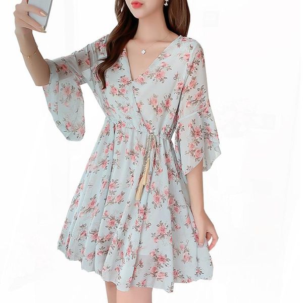 

party dresses summer chiffon dress women v-neck floral print short female elegant ruffle sleeeve drawstring ladies mujer, White;black