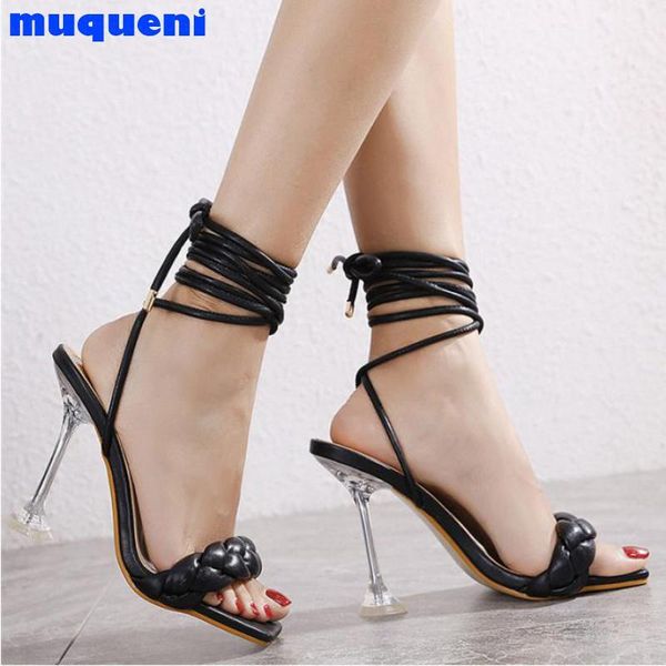 

sandals muqueni 2021 summer fashion design weave women transparent strange high heels ladies open toe shoes, Black