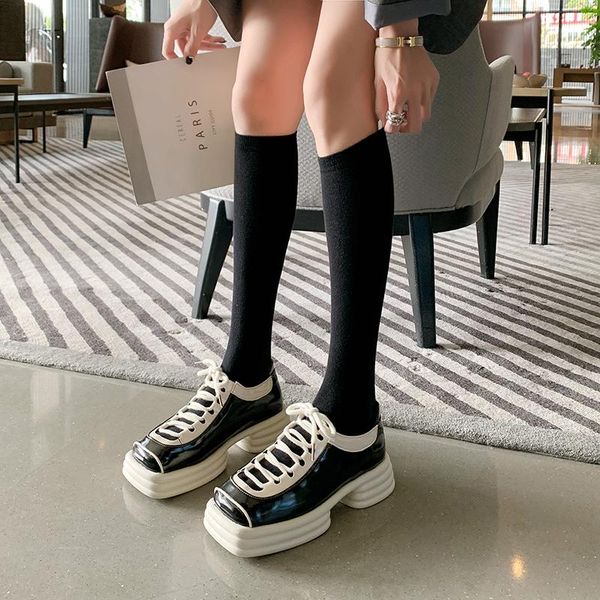 

dress shoes vintage lace-up genuine leather niche black and white mixed color loafers 2021 hollow thick-soled increased casual