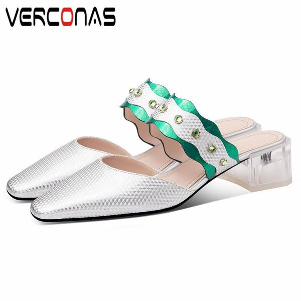 

dress shoes verconas women classic design thick heel slippers genuine leather pointed toe mules sandals sweet heels woman, Black