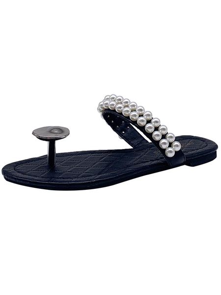 

ladies slippers 2021 summer fashion roman style solid color pearl flat bottom light and comfortable flip-flops., Black