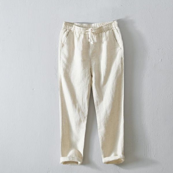 

men's pants luclesam men solid color flax casual drawstring loose fit linen trousers sweatpants pantalones hombre, Black