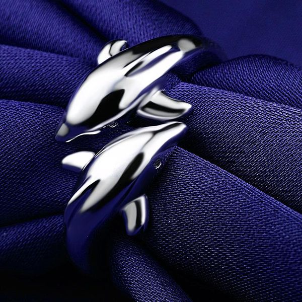 

cluster rings boho female double dolphin wedding ring charm 925 sterling silver adjustable for women simple love open engagement, Golden;silver