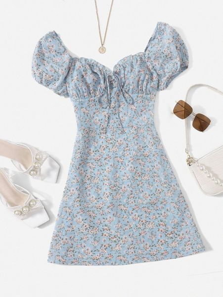 

ditsy floral puff sleeve ruched bust dress d5zx#, Black;gray
