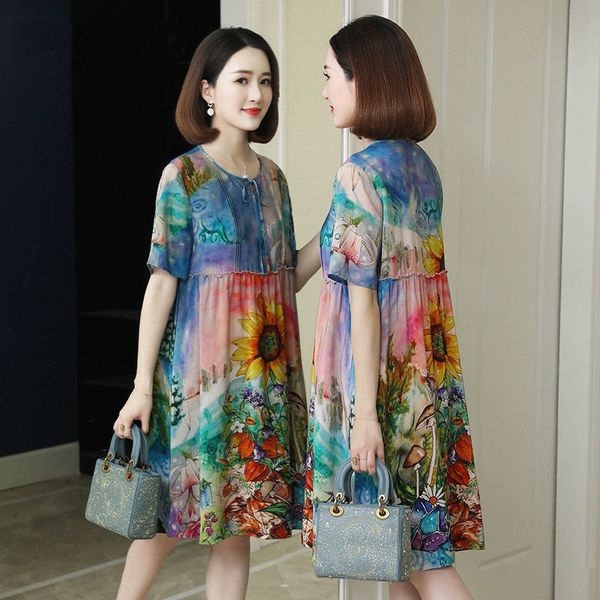 

casual dresses summer women silk vintage floral print slim short-sleeved female elegant loose vestidos large size 5xl y119 ue49, Black;gray