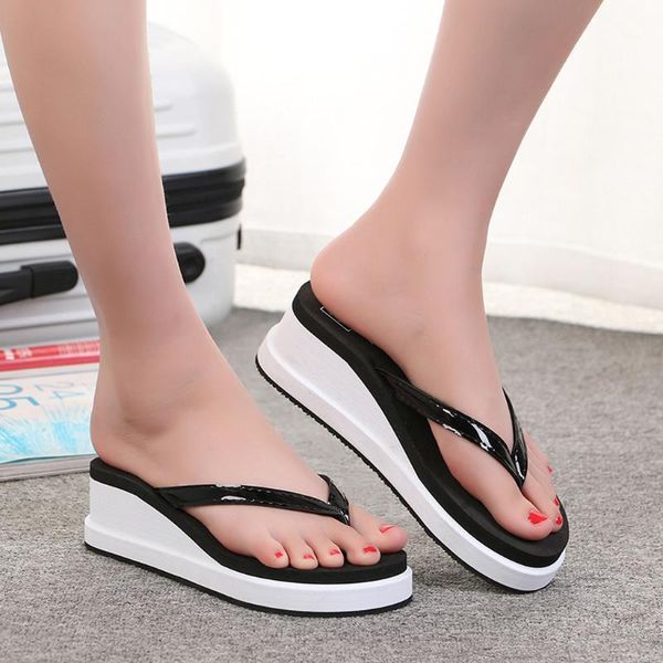 

slippers female high-heeled flip-flops thick-soled sandals and beach shoes summer women 2021 flip flops, Black