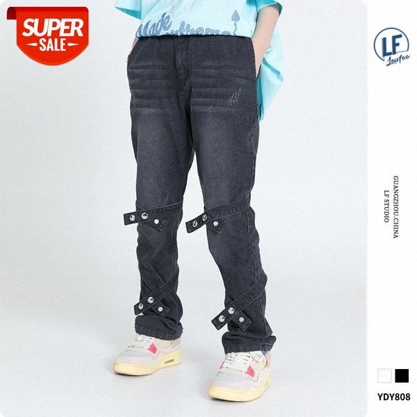 

lawfoo chinese men's retro distressed belted jeans casual pants #ek3w, Black