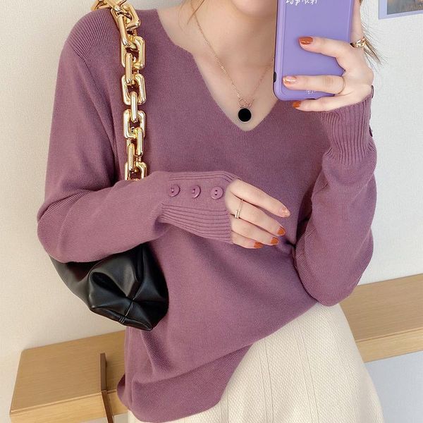 

fashion women's autumn winter v-neck sweater pull femme hiver solid korean elegant slim color all match sweaters, White;black