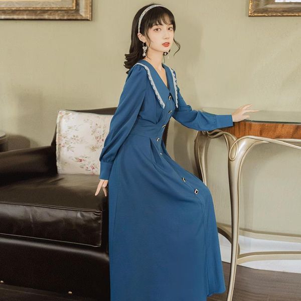 

casual dresses 2021 vintage french style girl's elegant all-match long-sleeved knee-length art turn-down collar blue dress d049, Black;gray
