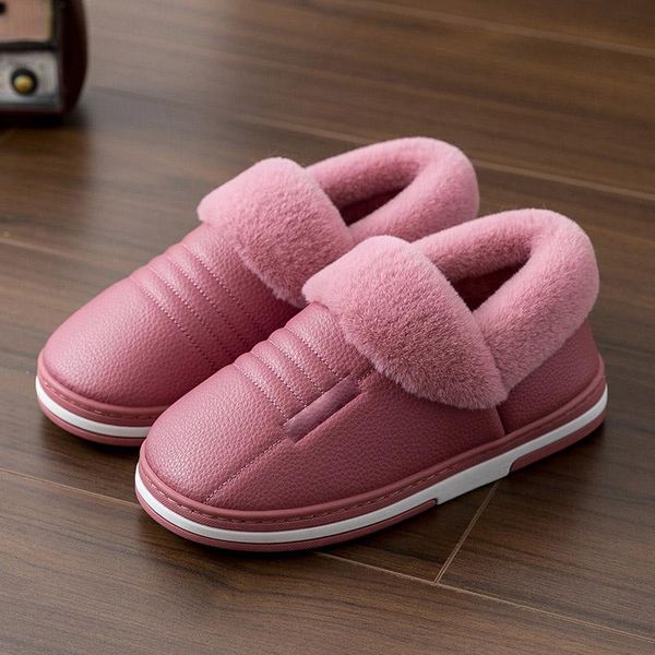 

slippers women plush shoes female pu leather house waterproof warm women's slipper ladies comfortable indoor home footwear, Black