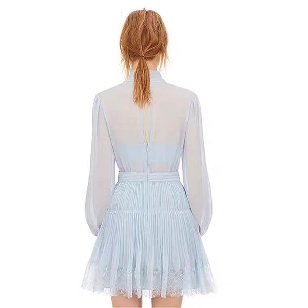 

casual dresses new autumn blue chiffon woman runway design long dleeve bow neck party high waist pleated female x9sw, Black;gray