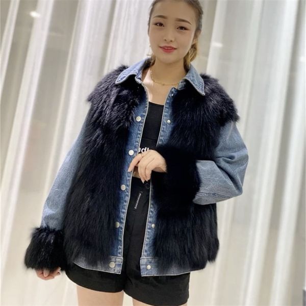 

women's trench coats winter women 2021 real fur coat woman natural fox jackets for female korean style denim jacket abrigos rre2, Tan;black