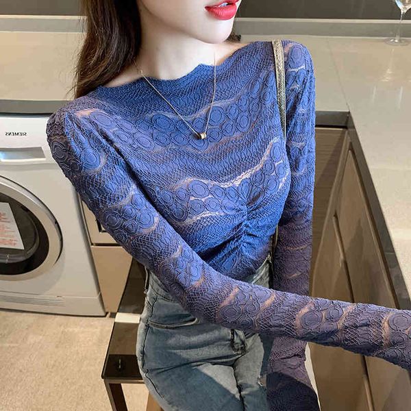 

early autumn new flat collar wave pattern pleated bubble sleeve temperament heavy embroidery lace bottoming shirt women 210412, White