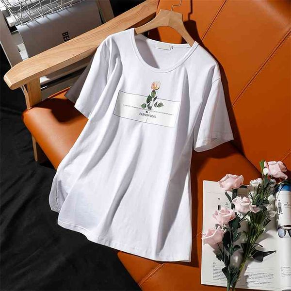 

donamol large size short-sleeve t-shirt female summer new rose printing round neck cotton loose leisure women pullovers 210330, White