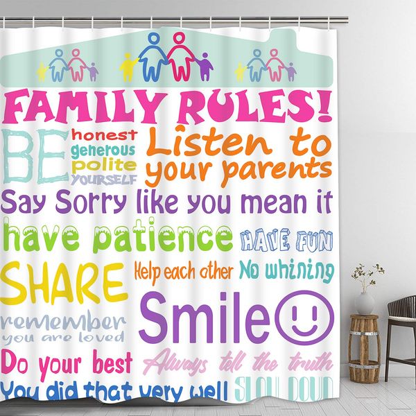 

family rules shower curtain with 12 hooks, colorful words shower curtain, bathroom rules shower curtain for kids, waterproof