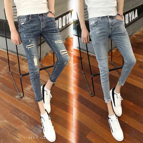 

men's jeans fall fashion casual ripped hole men's jeans slim black feet all-match korean elastic casual teenagers pencil pants men, Blue