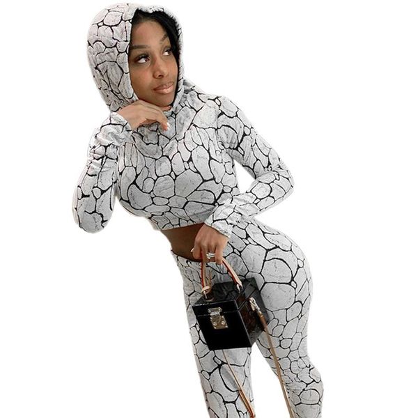 

gym clothing women slim fit snakeskin print set casual long sleeve hooded cropped + high waist skinny pants, White;black