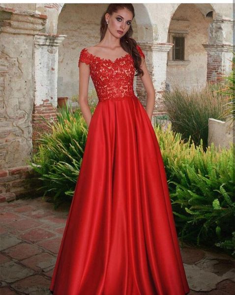 

elegant prom dress 2021 a-line red satin evening lace appliques with pocket cap sleeve floor length backless graceful party dresses1, White;black