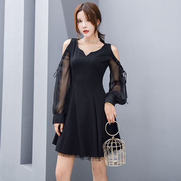 

new spring summer 2021 women dress lace up long sleeve off shoulder rock punk vestidos gothic girls female black mini dresses, Black;gray