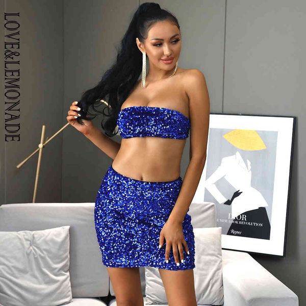 LOVELEMONADE Top a tubino sexy blu con paillettes elastiche in due pezzi Bodycon Set LM82980 X0428