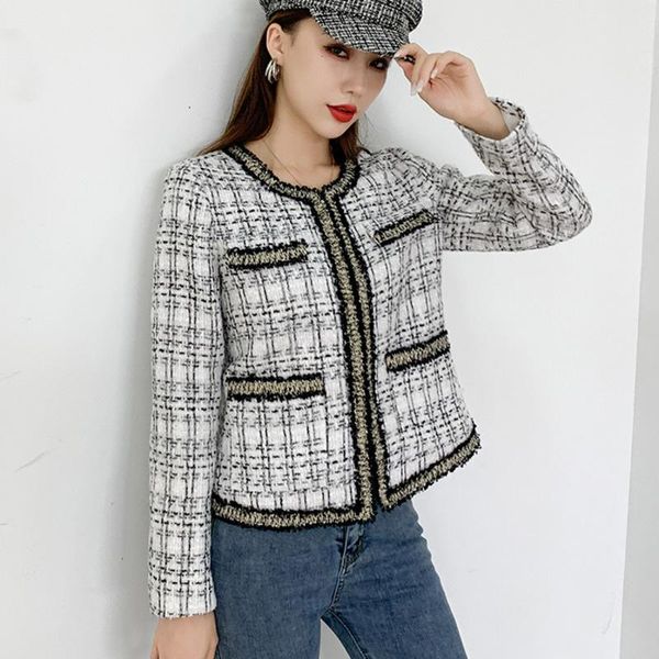 Frauen Jacken Vintage 2021 Weibliche elegante Winter kurze Tweedjacke Mantel Streetwear Frankreich Schachoberteil