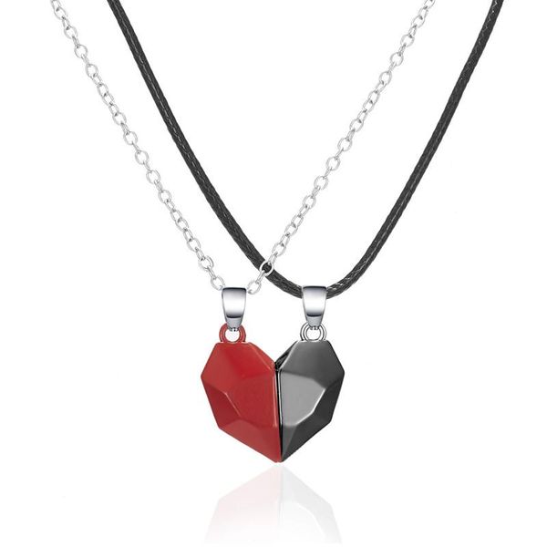 

chains 2pcs/set matching lovers heart pendant couple faceted magnetic geometric charm necklace jewelry gift, Silver