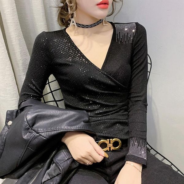 

women's t-shirt 2021 women spring sequins diamond pleated slim v-neck female basic long sleeve all-match high street a88, White