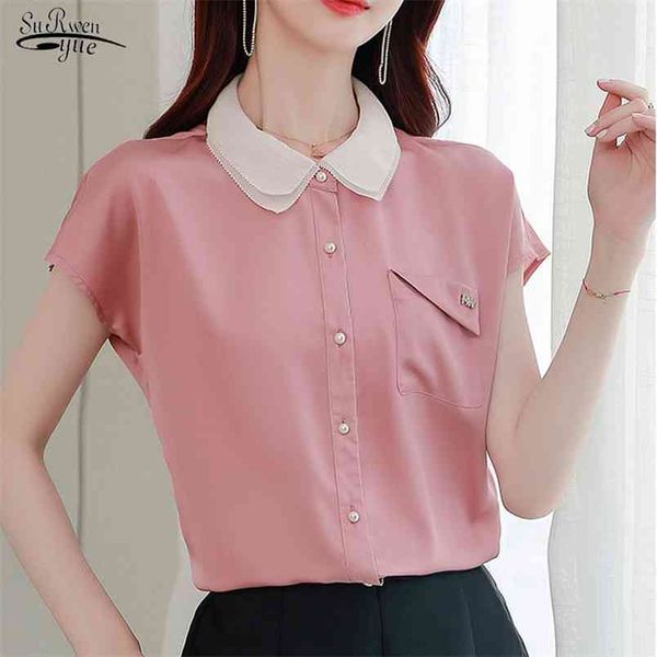 

fashion women and blouses short sleeve chiffon shirts elegant doll collar loose shirt 9922 210421, White