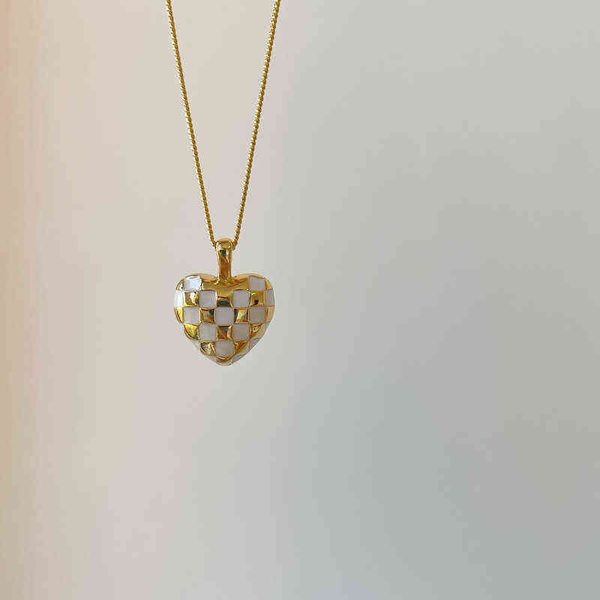 S925 Sterling Silber Ins Stil Temperament Mode Goldene Liebe Herz Schachbrett Epoxy Halskette Weibliche Schlüsselbein Kette